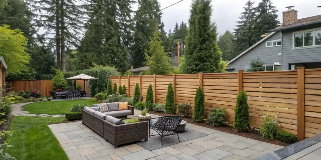 A modern backyard with a beautifully installed cedar fence. The scene is set in a Seattle neighborhood with lush greenery and a cozy outdoor setup, showcasing the perfect balance of privacy and aesthetics.