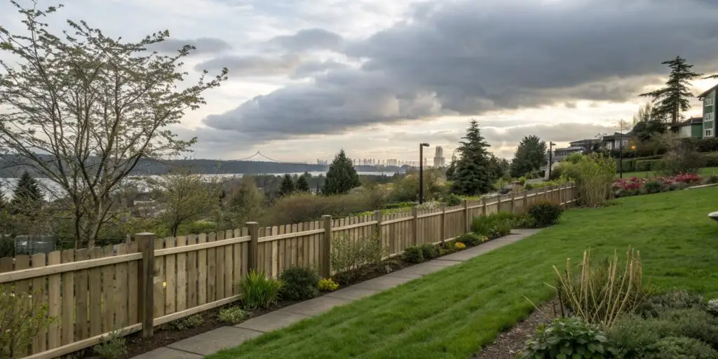 Budget-friendly wooden fence in a lush Seattle backyard on a cloudy day, providing privacy and charm.