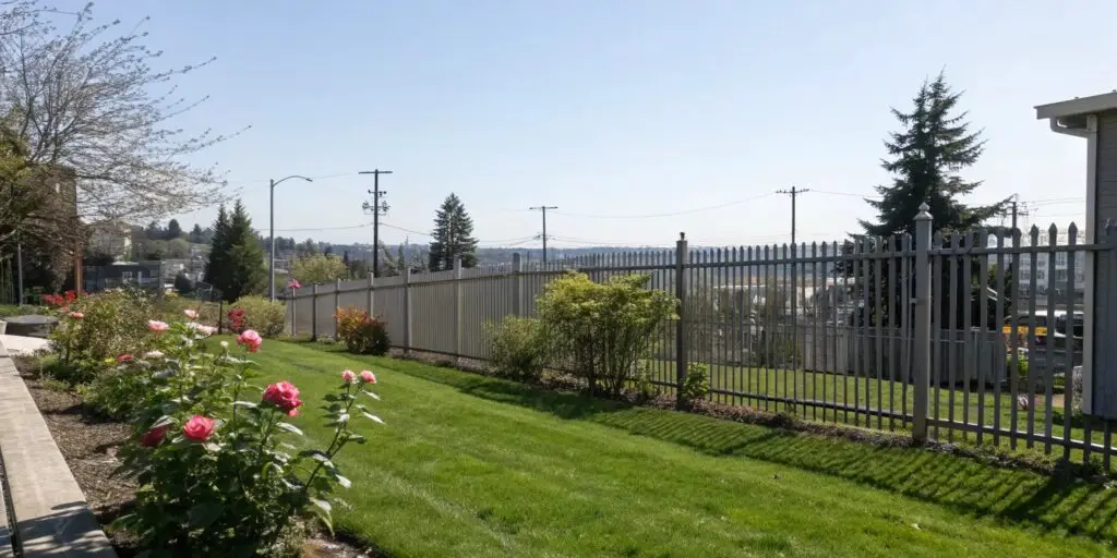 Seattle garden view with a basic fence, green lawn, and flowers under a bright sky with minimal urban hints.