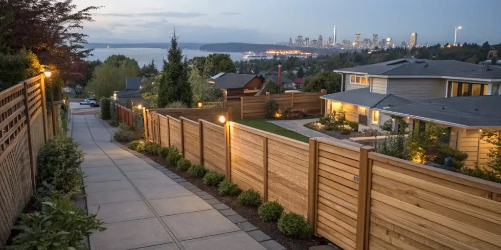 Seattle neighborhood at dusk featuring diverse wooden fences and the Space Needle in the background, evoking community warmth.