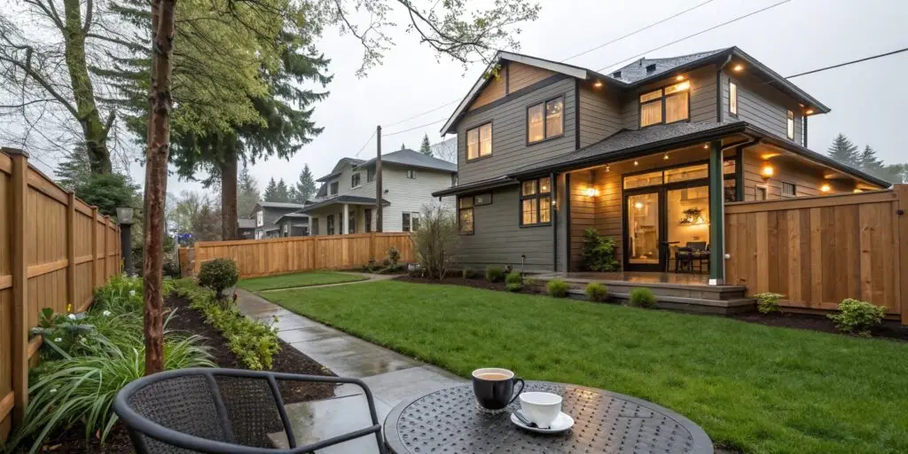 Modern Seattle home with a charming wood fence, lush lawn, and light drizzle.