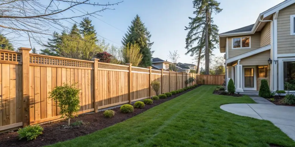 Seattle home with a wood fence, green yard, and light sun, illustrating ideal fence installation timing.