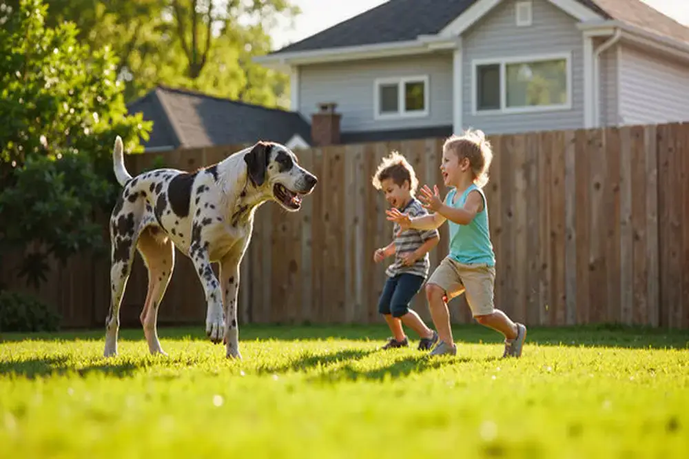 Two young children and a large Dalmatian dog playing safely in a sunny backyard secured by a tall wood privacy fence.
