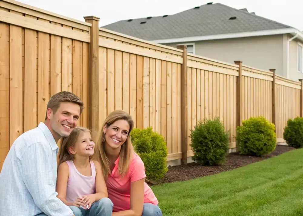 Happy family standing in front of a vertical wooden fence in their backyard