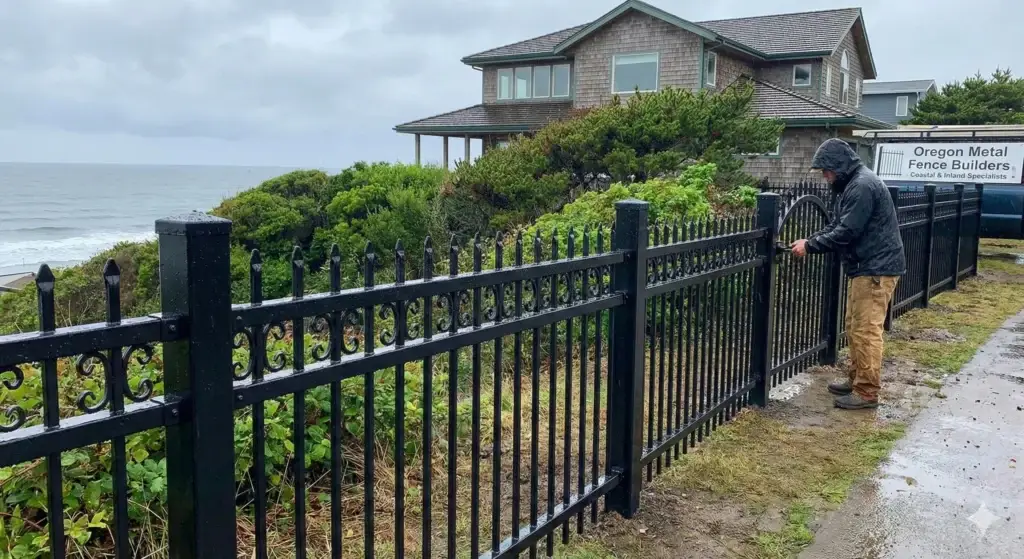Contractor adjusting a black ornamental gate near the ocean, showcasing the work of expert metal fence builders.
