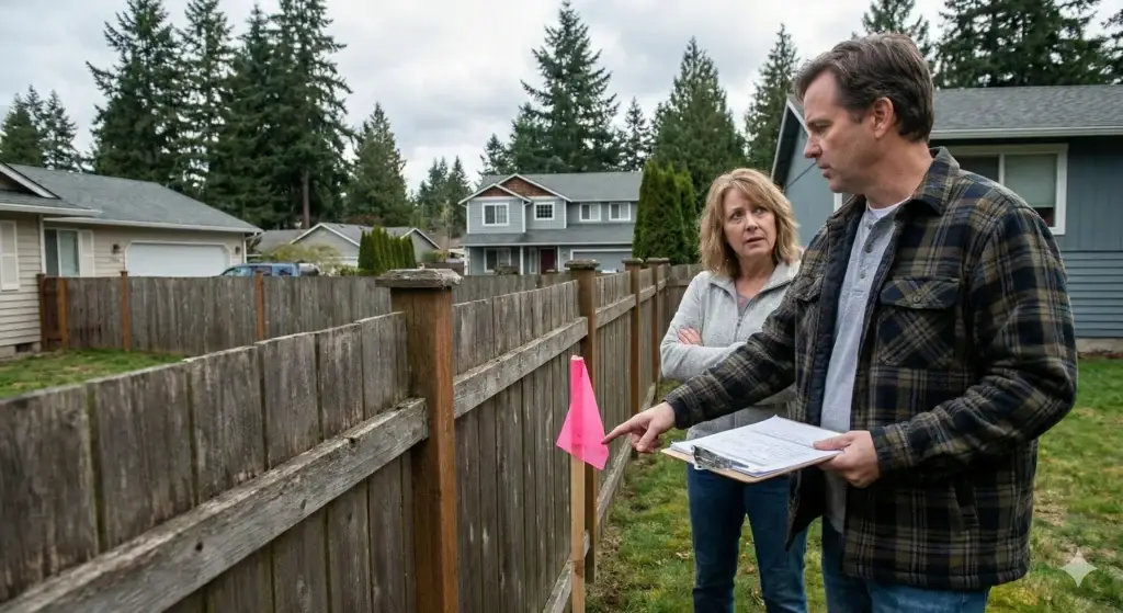 Surveyor pointing to a pink flag to indicate exactly where a wooden fence crosses your property line.