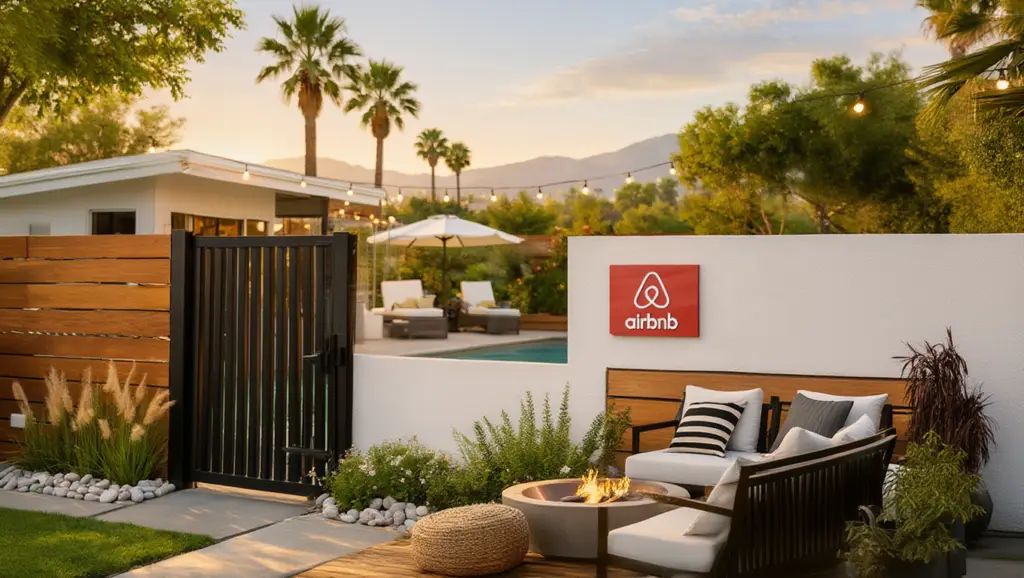 Modern Airbnb fence enclosing a fully fenced backyard with an outdoor fire pit seating area, dog-friendly design, and private entrance.