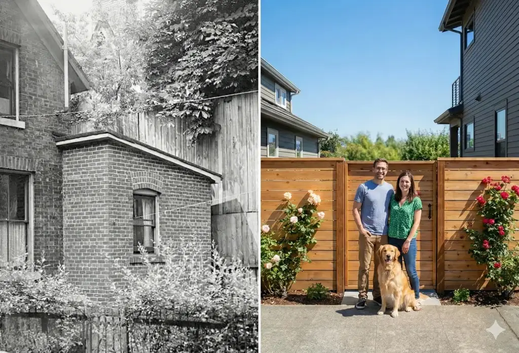 Historical brick house with an old fence versus a modern wood fence with a couple and dog, illustrating Seattle fence history.