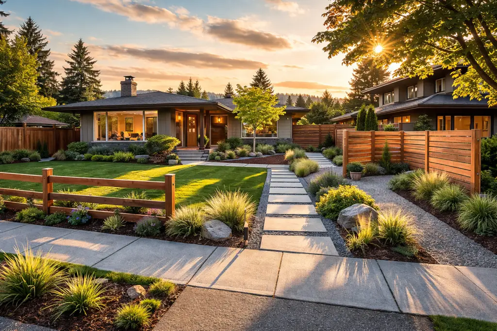 A modern ranch-style home at sunset featuring a low horizontal wood fence and concrete walkway, illustrating how a professional fence company in Bellevue WA enhances curb appeal.