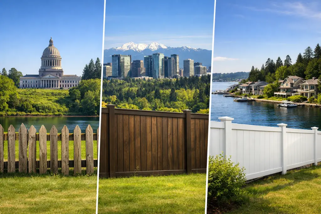 A three-panel collage showing a wood picket fence in Olympia, a dark privacy fence in Bellevue, and a white vinyl fence on Mercer Island.