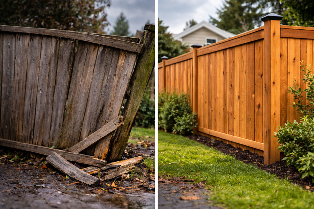 A side-by-side comparison showing a weathered, falling wood fence next to a newly installed cedar fence with black post caps.