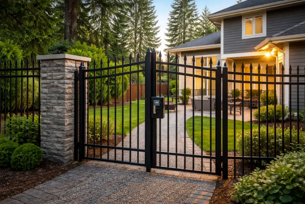 A black ornamental steel residential security fencing gate with a digital keypad lock and stone pillars in front of a modern home.
