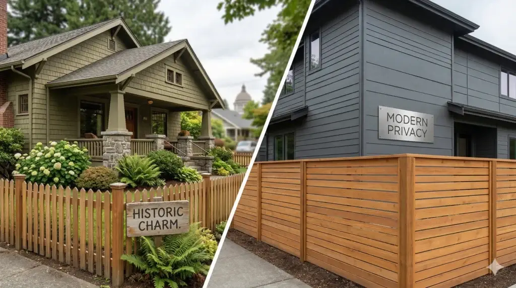 A split photo of two homes, showcasing historic and modern styles from a premier fence company in Olympia WA.