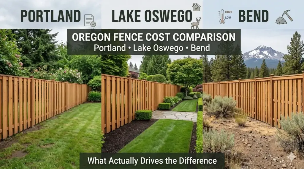 Vertical split showing cedar fences in Portland, Lake Oswego, and Bend to compare fence cost Portland Lake Oswego Bend.