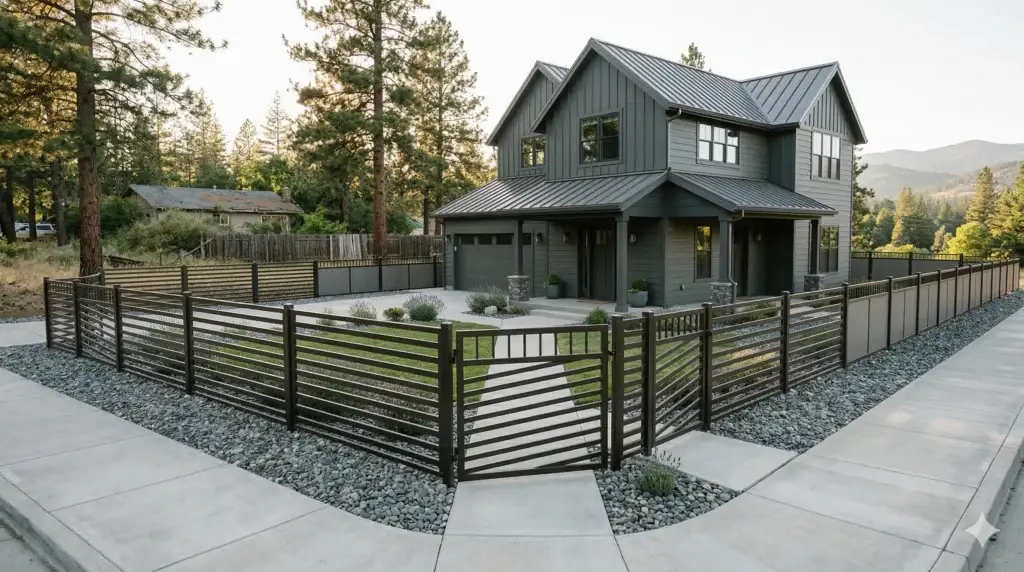 Dark grey house behind protective metal fire-smart fencing.
