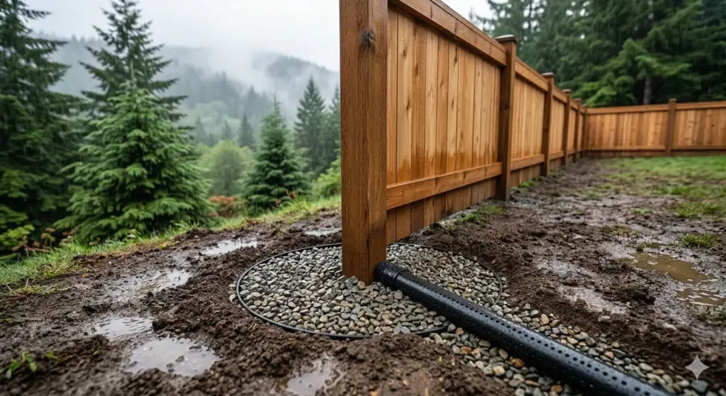 Fence drainage system base with a perforated pipe and gravel around a wooden post.