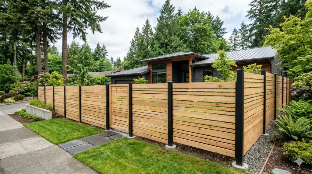 Modern horizontal fencing with wooden slats and black posts outside a contemporary home.