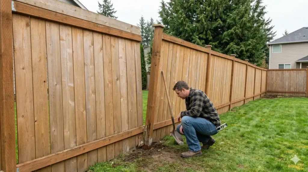 A homeowner kneels by a tilted wooden privacy fence with tools, considering how to fix a leaning fence for stability.