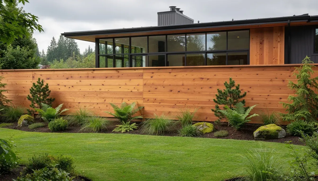 Modern cedar horizontal fencing provides privacy for a contemporary glass house with lush landscaping.