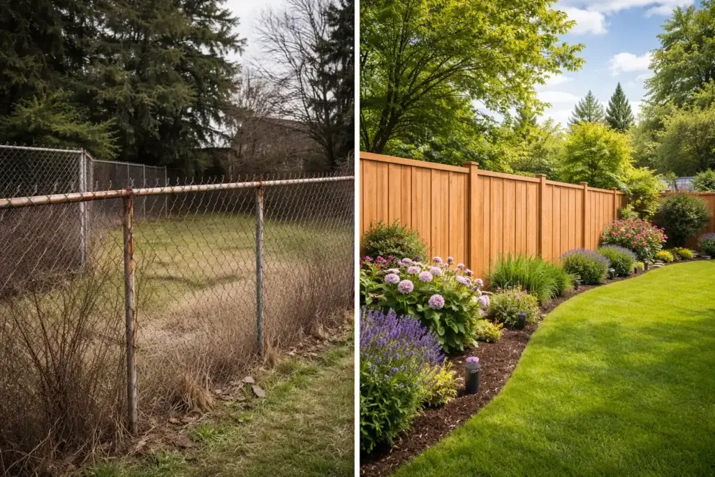 A side-by-side comparison of a rusted chain link fence needing fence repair Seattle and a professional new fence installation with a wood fence and garden.