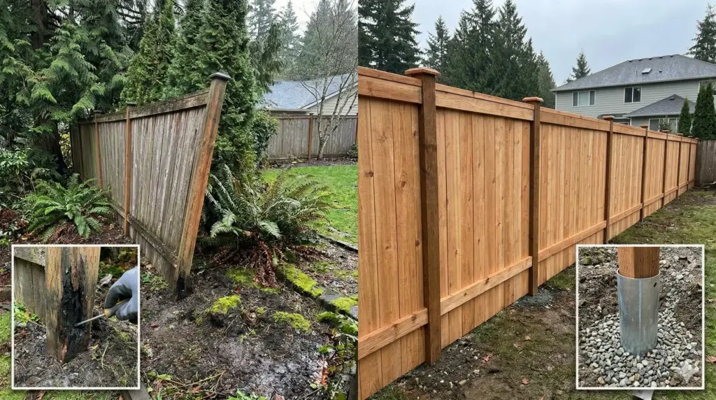 Rotten post causing Pacific Northwest fence failure next to a new sturdy wood fence.