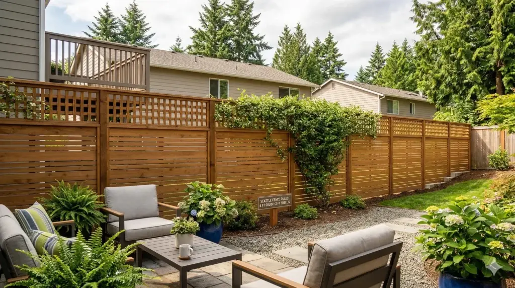 Modern Seattle privacy fence with patio seating and neighborhood homes, designed to meet Seattle fence height rules.