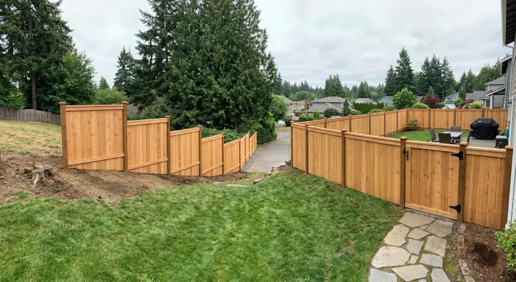 A long wooden fence installation stepped down a grassy hill in a residential backyard.