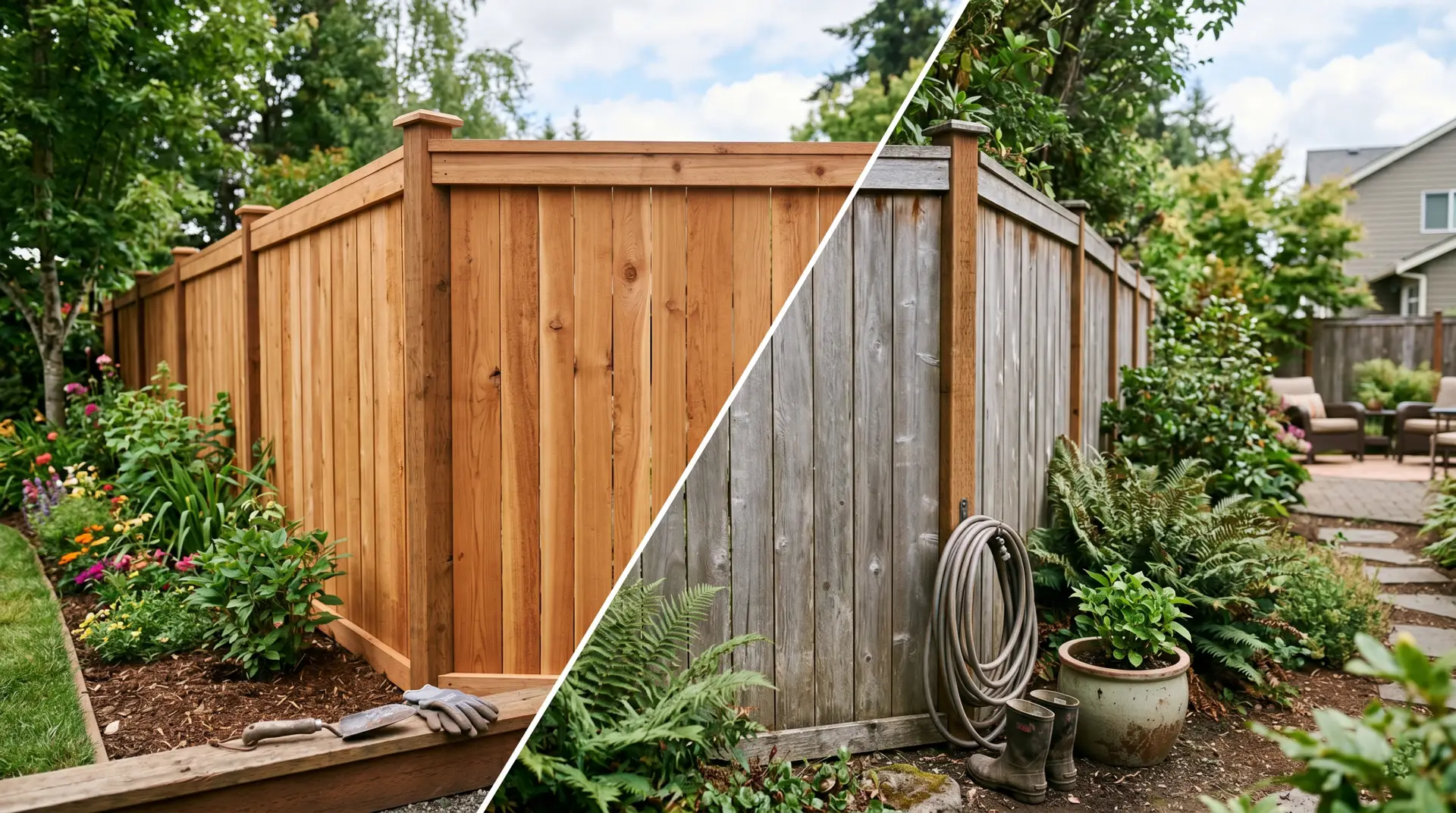 Side-by-side comparison of a new warm-toned cedar fence versus a naturally aged silver-grey cedar fence in a residential backyard.