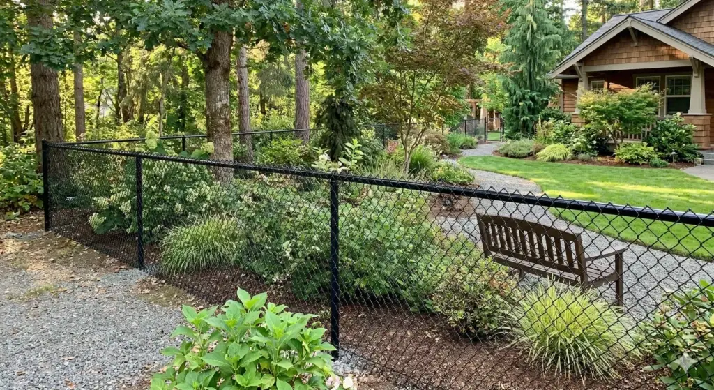 Black chain-link fence borders garden path and landscaping near a forest edge and craftsman house.