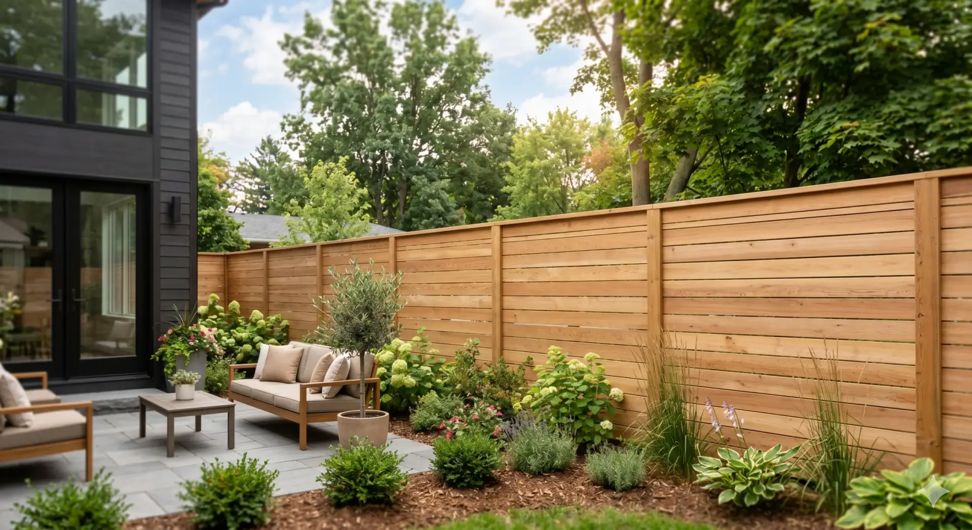 A modern backyard patio features stone pavers, lush landscaping, and a large horizontal wood fence.