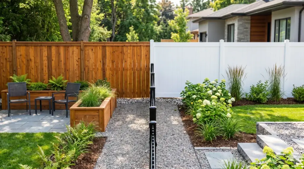 A side-by-side comparison of wood and vinyl modern low-cost fence designs bordering a landscaped garden path.