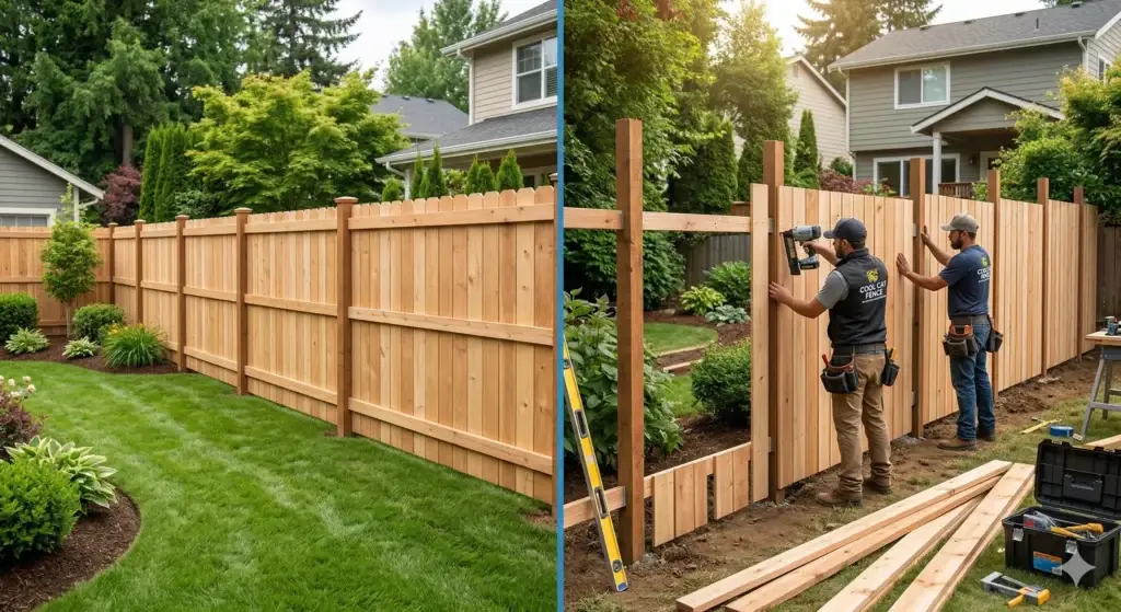 Side-by-side view of privacy fence panels vs custom builds being installed in a suburban yard.