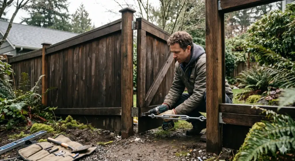 A man using a power drill for a fence gate repair project on a dark wooden gate in a lush backyard.