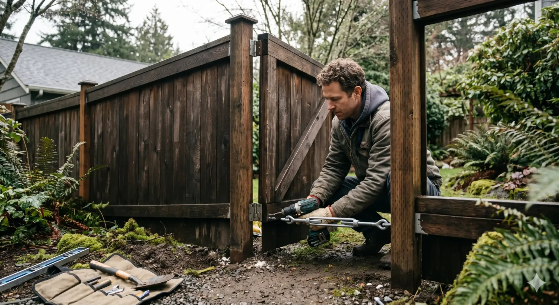 A man using a power drill for a fence gate repair project on a dark wooden gate in a lush backyard.