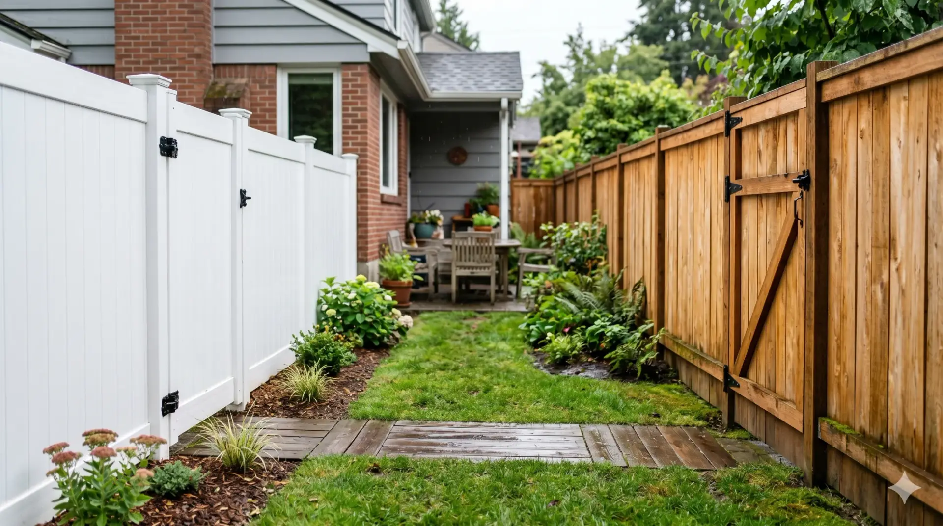 A side-by-side comparison of a white vinyl privacy fence and a natural cedar wood fence in a Seattle yard.