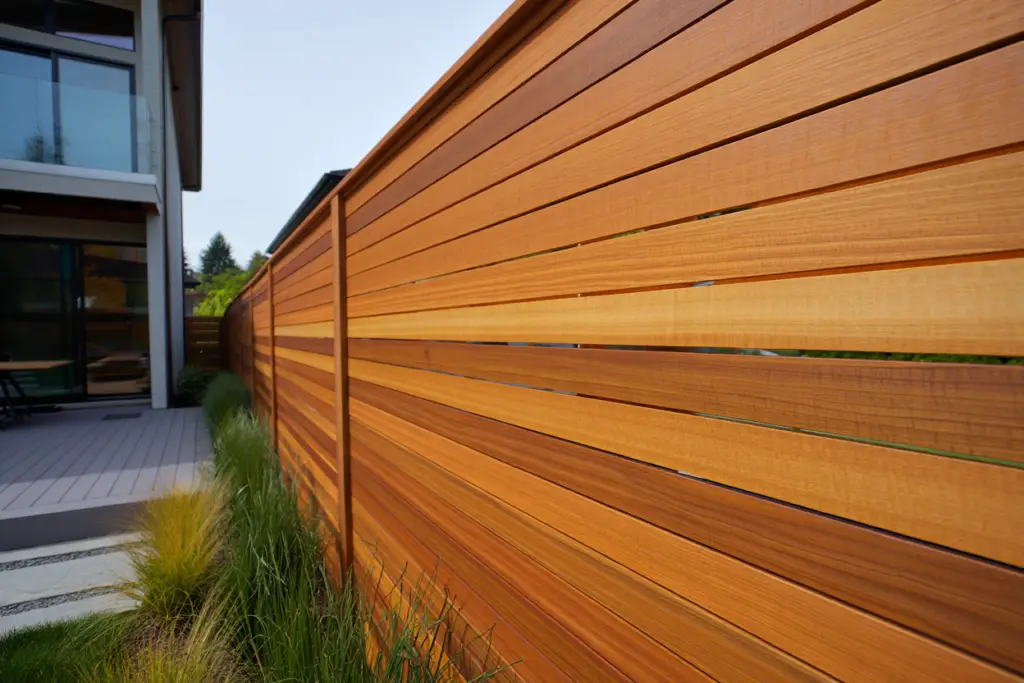 A newly stained cedar fence with horizontal planks installed alongside a modern house and green landscaping.