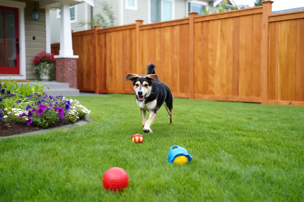 A small black and tan dog happily running on a lush green lawn toward colorful dog toys in a secure yard enclosed by a tall horizontal cedar wood fence.