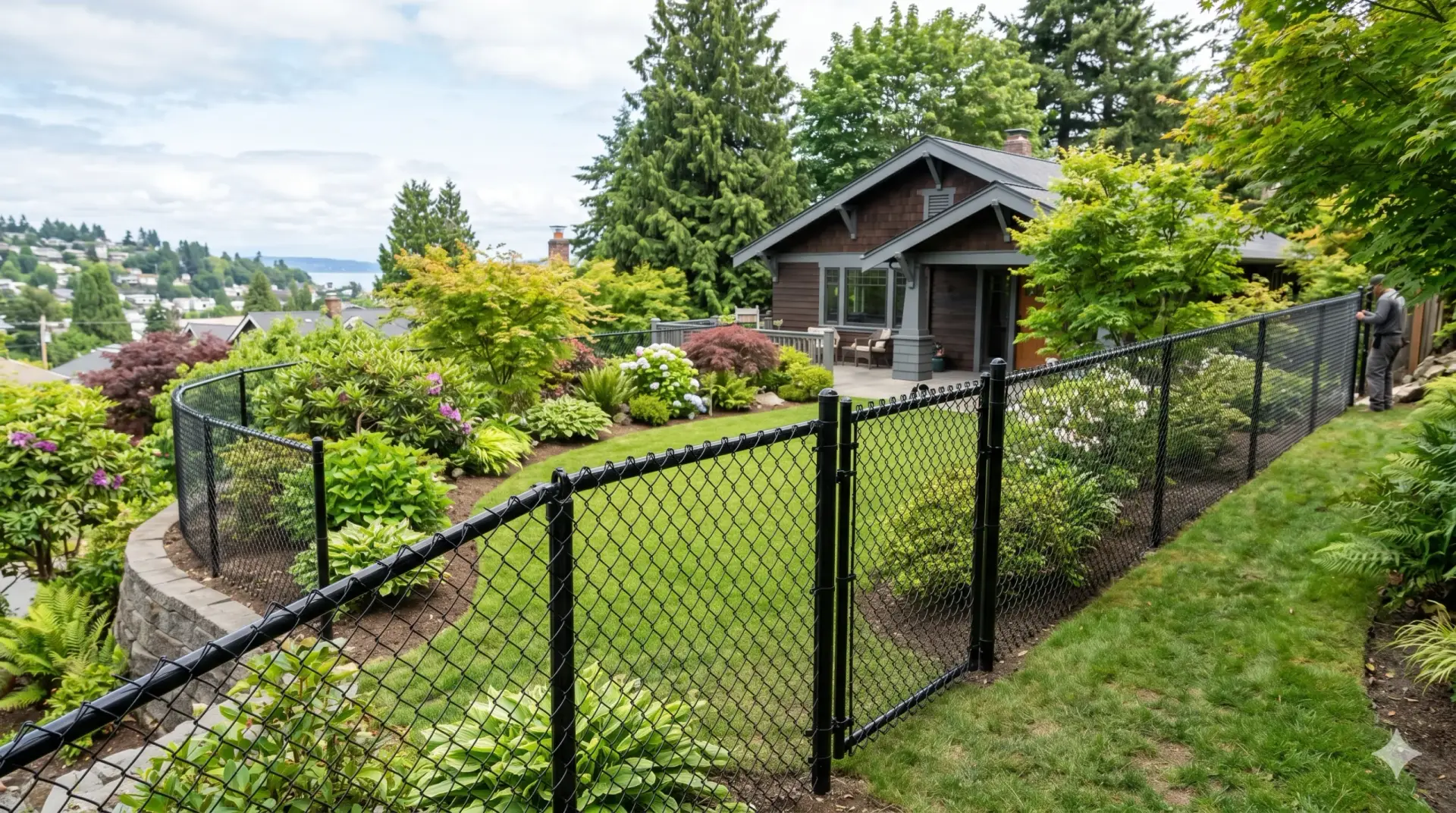 A sloped garden enclosed by dark fencing, prompting homeowners to research the black chain link fence cost.