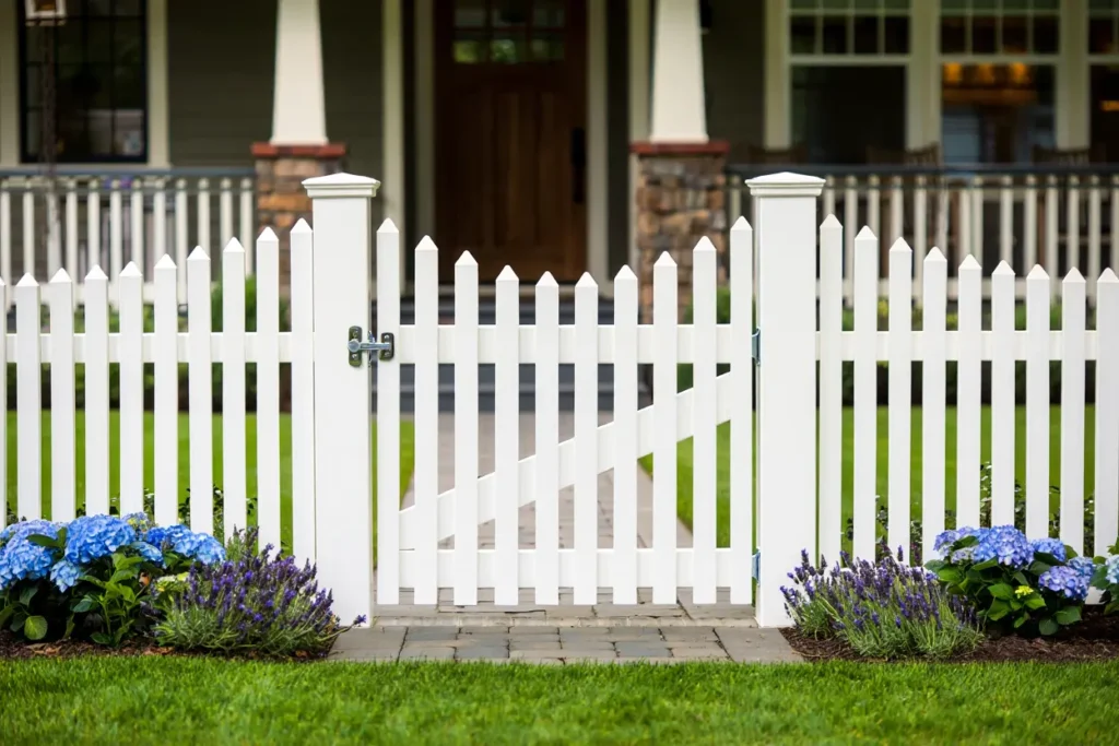 A pristine white vinyl picket fence with a matching walk-through gate and latch installed in a front yard.