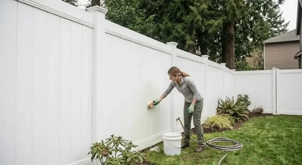 A homeowner using a scrub brush and soap bucket to easily clean a white vinyl privacy fence in a backyard.