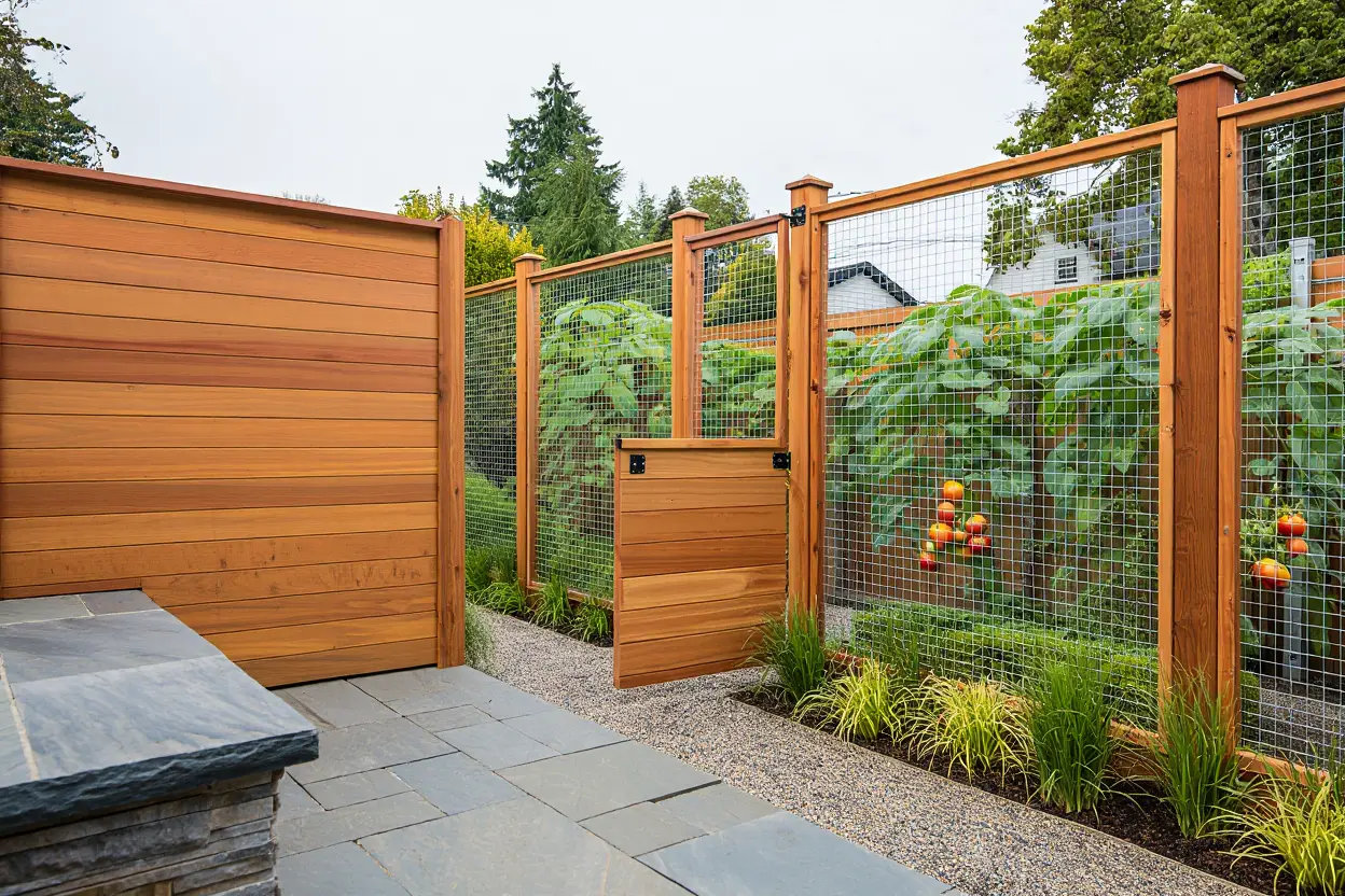 A modern backyard fence design combining solid horizontal cedar wood panels with transparent galvanized steel wire mesh panels next to a garden bed and stone patio.