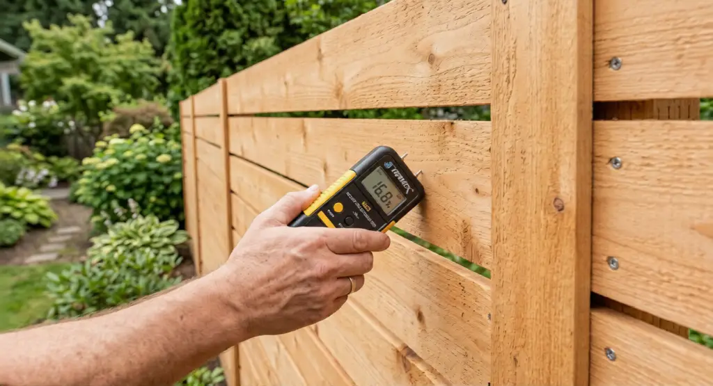 A handheld digital moisture meter displaying a reading of 16.8% on a wooden deck board before applying stain.