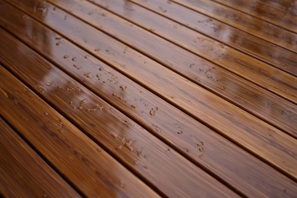 Water droplets pooling and beading up on a freshly stained deck after rain falls.