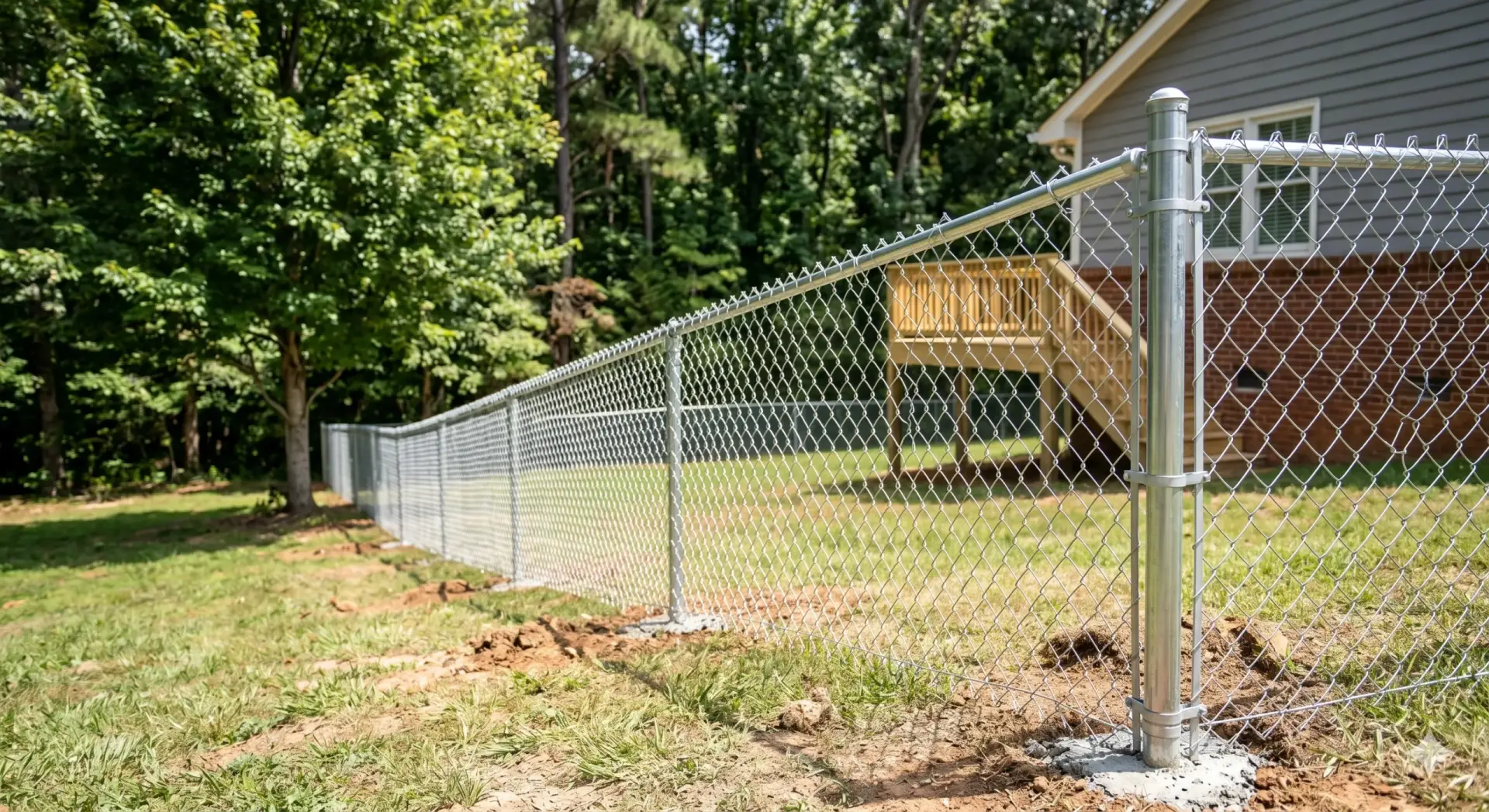 A new galvanized chain link fence installation following the natural slope of a grassy suburban backyard.