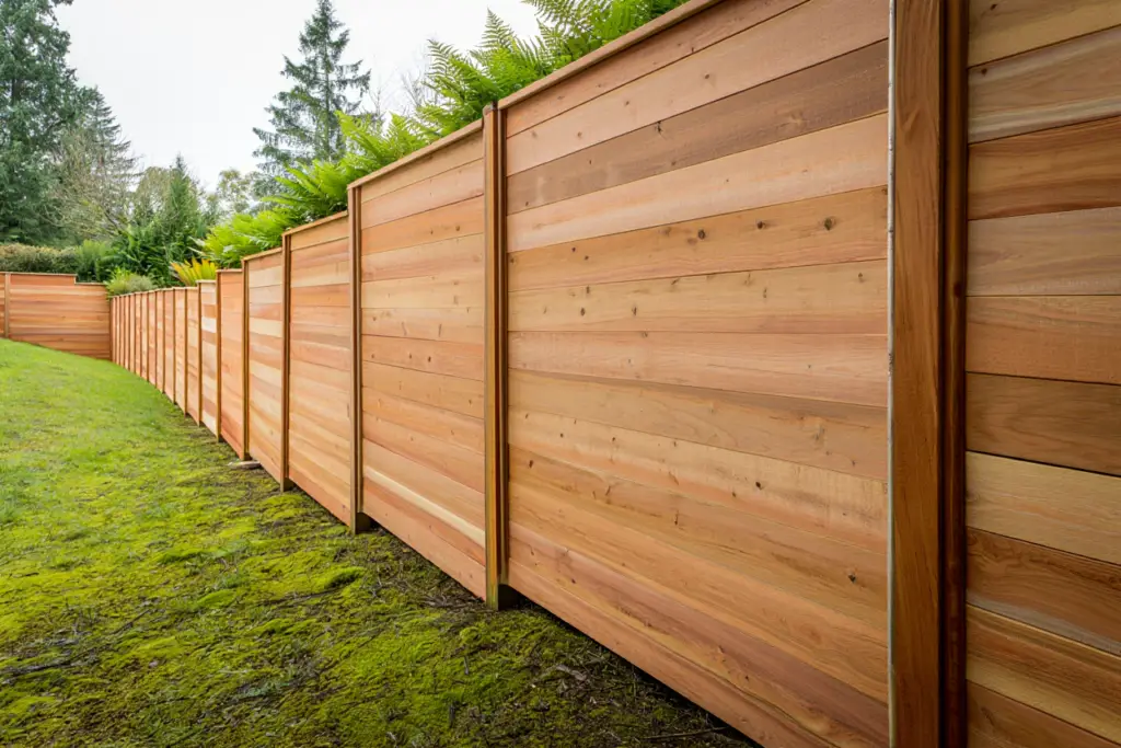 A modern horizontal cedar wood fence installed in a stepped design along a sloped backyard lawn covered in moss, featuring clean lines and sturdy posts.