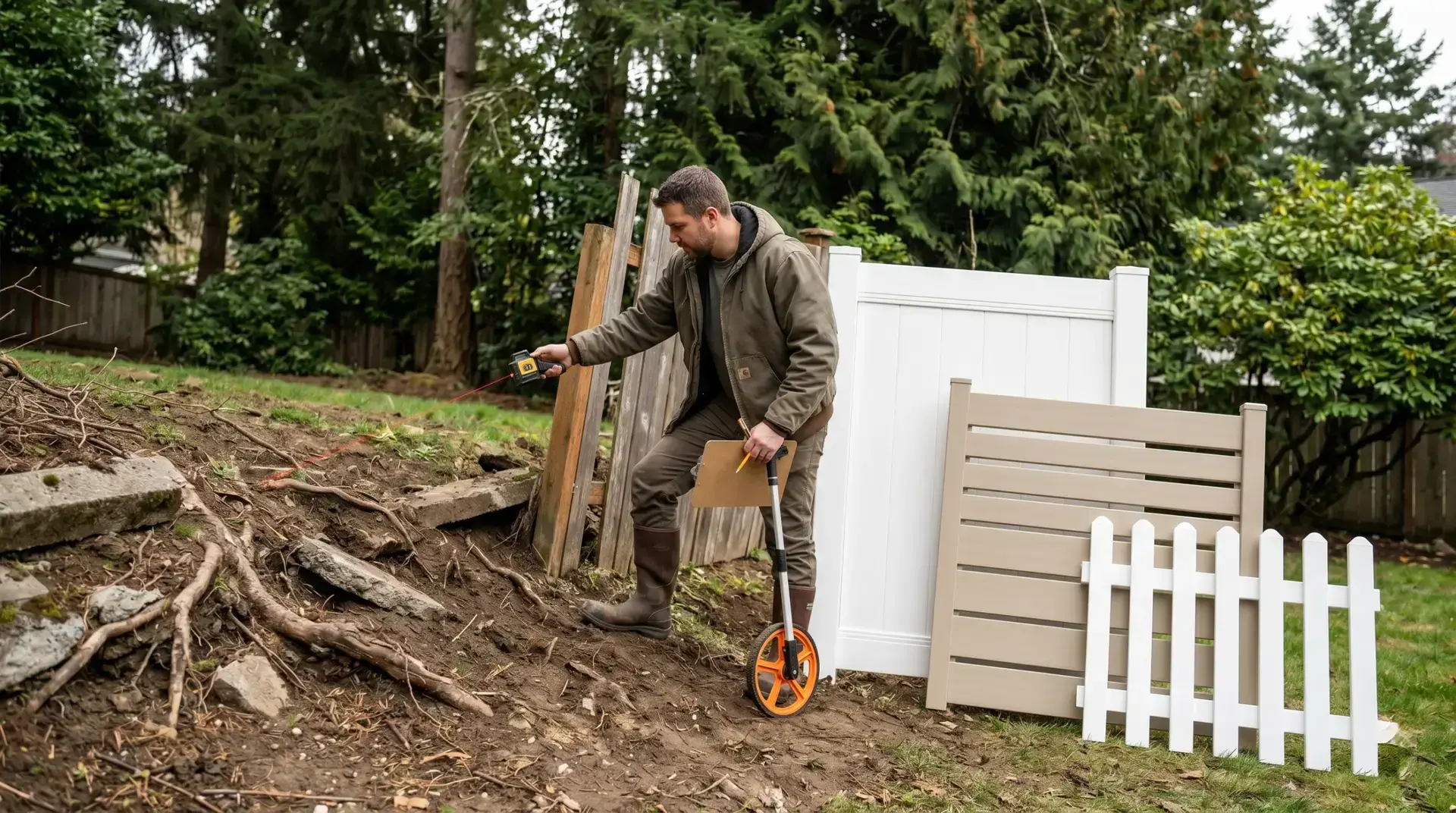 A fencing contractor using a laser level and measuring wheel on a sloped backyard near stacked vinyl fence panels.