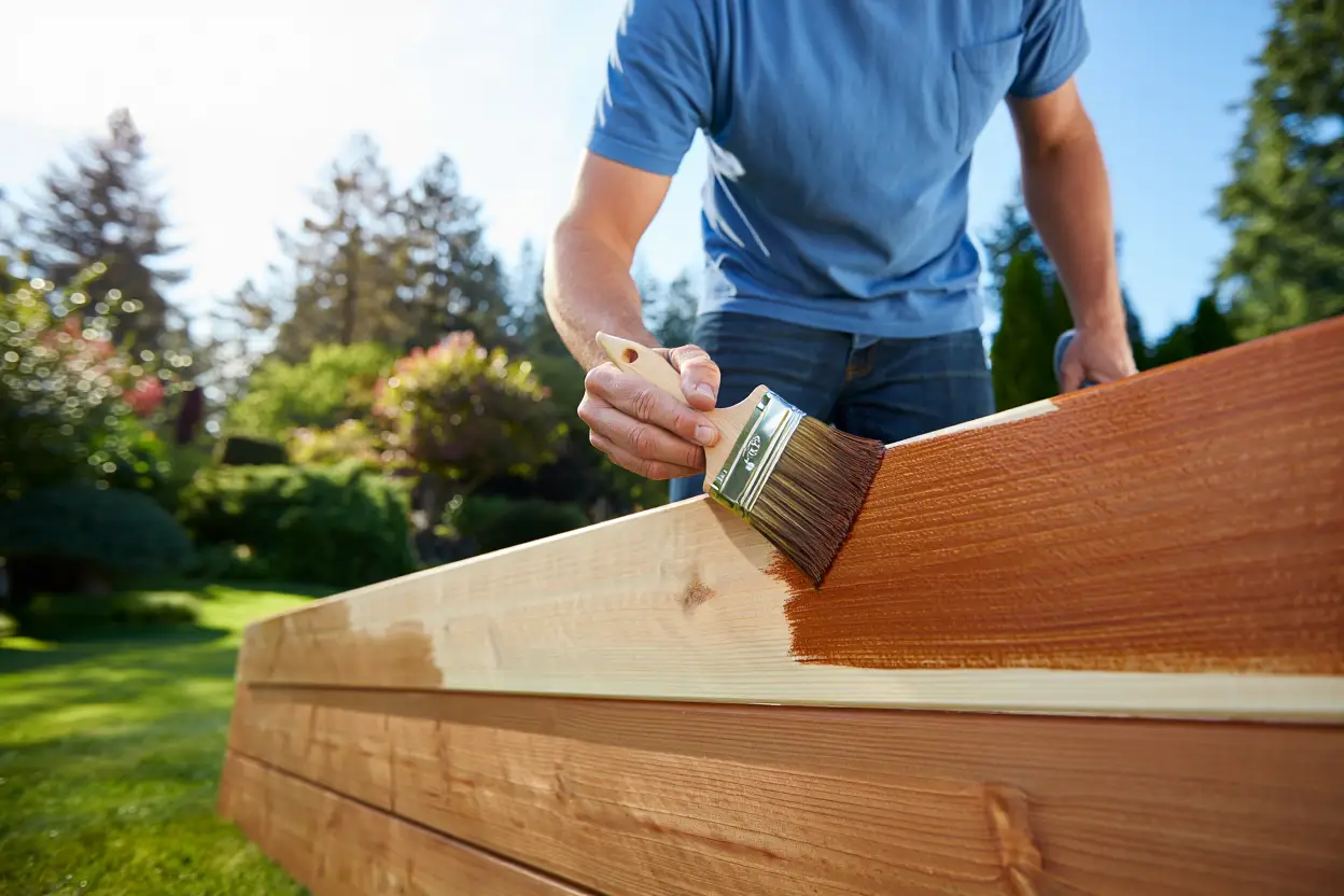 A person using a paintbrush to apply a rich brown wood stain to a cedar fence board outdoors.