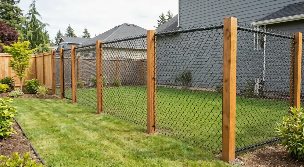 Perspective view of a wood post and chain link fence featuring a matching gate in a landscaped backyard.