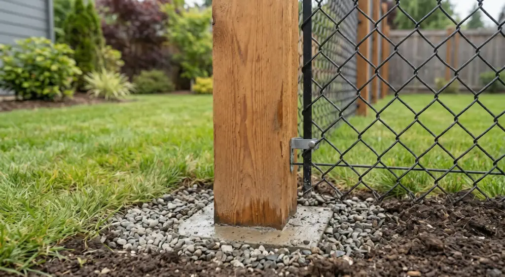 Close-up of a square wood post set in concrete with black chain link fence hardware and gravel drainage.