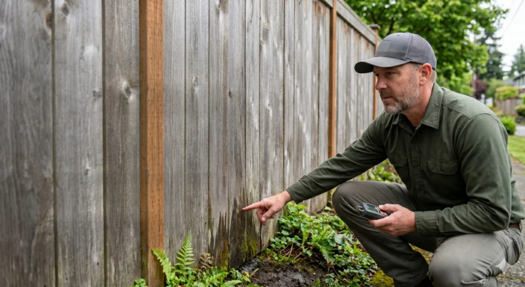 Specialist from a fencing company uses a moisture meter to inspect water damage and moss on a wooden garden fence.